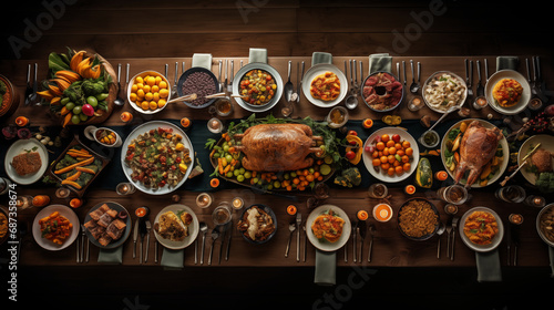 Traditional Feast: Thanksgiving Celebration on Off-White Wood Table with Clear Light.