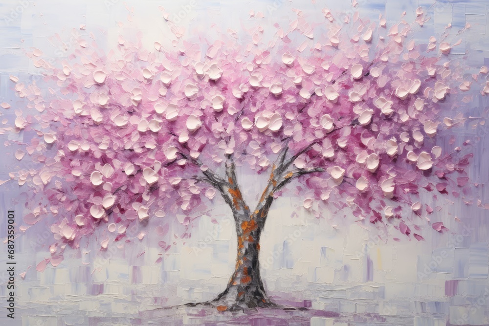 palette knife textured painting sakura Japanese cherry tree Sakura blossom background with a pink blooming sakura tree - obrazy, fototapety, plakaty 