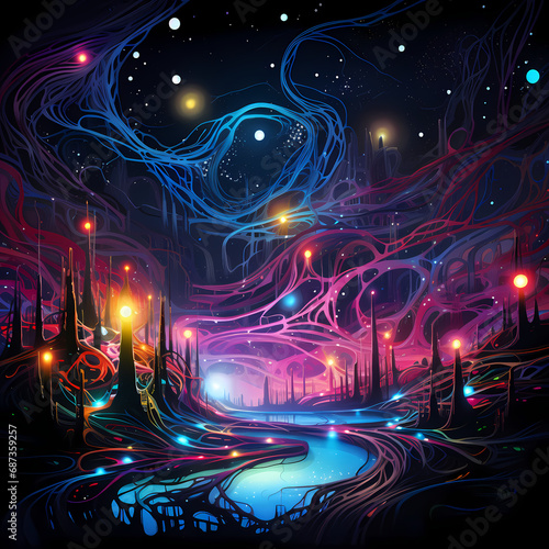 an ephemeral symphony featuring the neon glow of lights, cosmic influences, abstract fireflies in a dreamscape