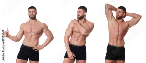 Handsome man in stylish black underwear on white background  set of photos