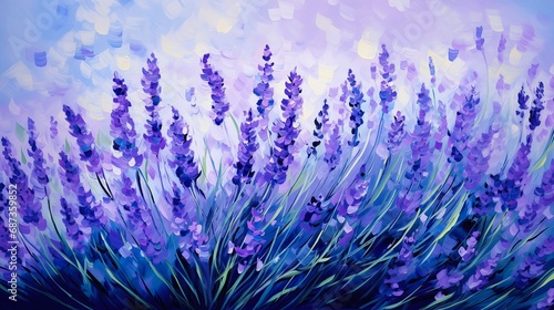 lavender flowers field blue sky young verdant garden wearing purple cap juicy brush strokes blush ultramarine photo