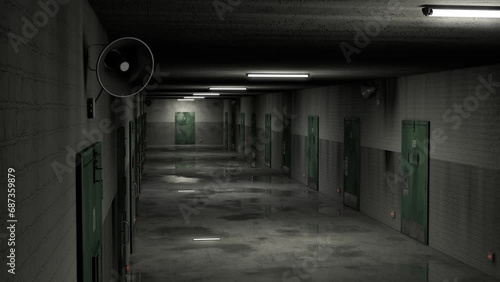 Top view of empty prison corridor with lights turning on. Wet floor, locked doors, brick walls and megaphones hanging on the walls. 3d render. Seamless loop.