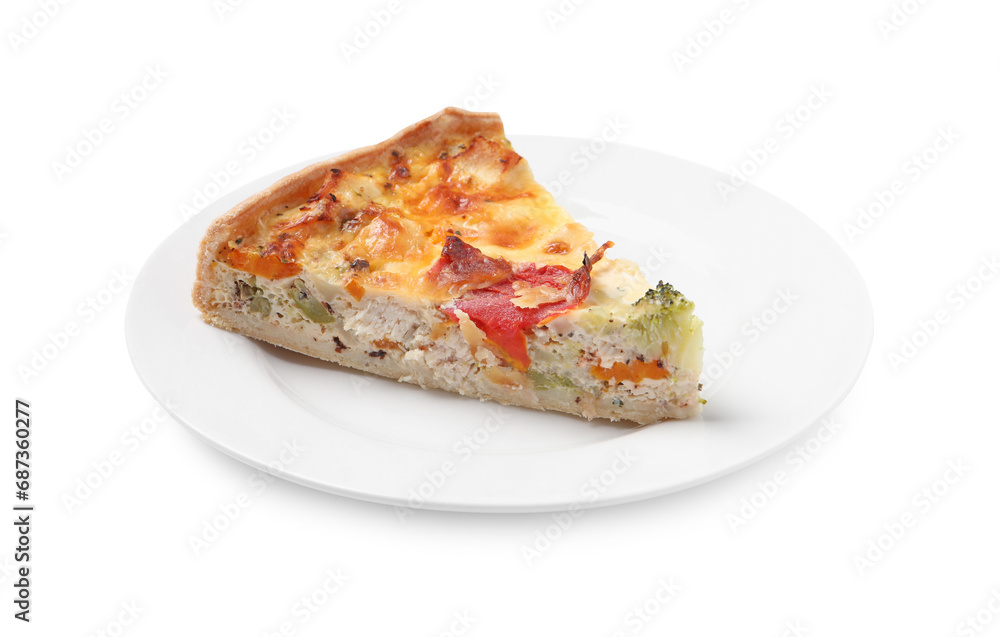 Piece of tasty quiche with chicken, cheese and vegetables isolated on white Piece of tasty quiche with chicken, cheese and vegetables isolated on white