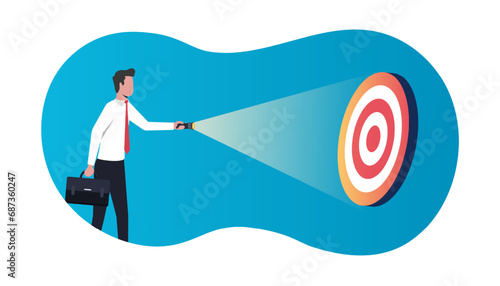 Businessman hold flashlight to search or reveal hide business target, Guidance in finding to next goal of business