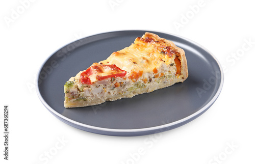 Piece of tasty quiche with chicken, cheese and vegetables isolated on white