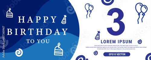 3 year celebration Creative Happy Birthday Text. Blue color decorative banner design, Vector illustration.