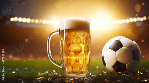 Mug of beer and soccer ball on the football stadium background. photo