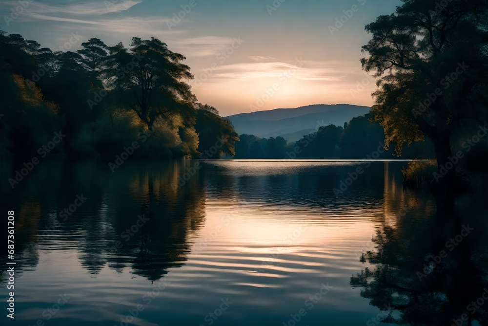 Twilight settling over a tranquil lake and reflection on the water