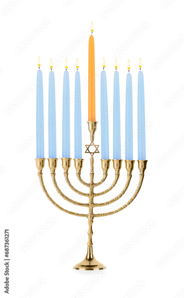Menorah with burning candles isolated on white. Hanukkah symbol Menorah with burning candles isolated on white. Hanukkah symbol