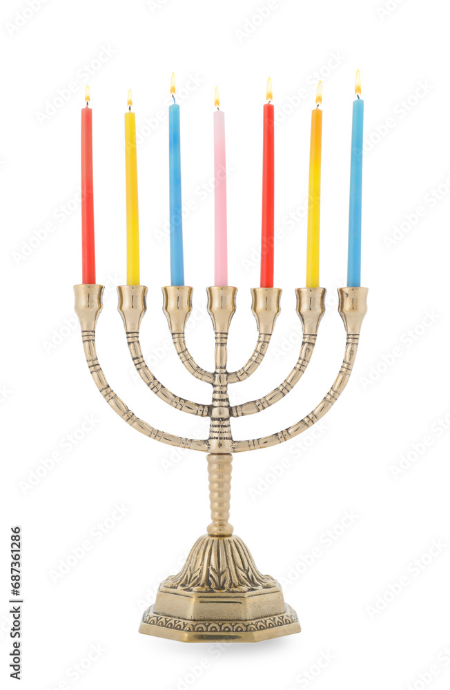 Menorah with burning candles isolated on white. Hanukkah symbol Menorah with burning candles isolated on white. Hanukkah symbol