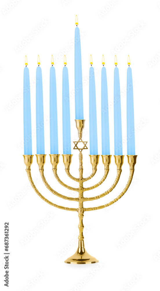 Menorah with burning candles isolated on white. Hanukkah symbol Menorah with burning candles isolated on white. Hanukkah symbol