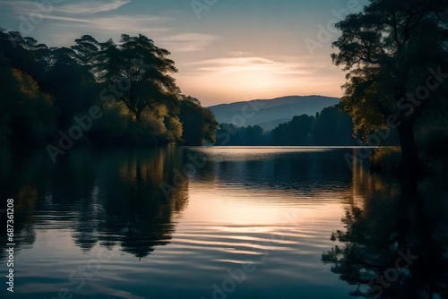 Twilight settling over a tranquil lake and reflection on the water