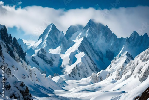 Majestic mountains standing tall against a canvas of cerulean skies  their peaks crowned with a dusting of pristine snow.