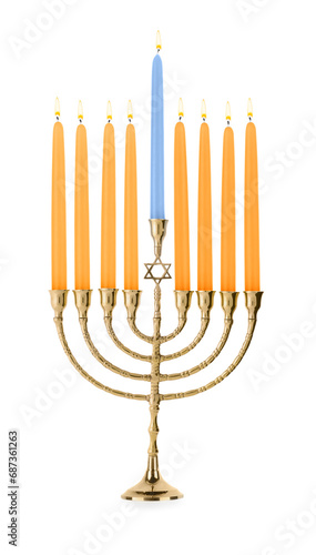 Menorah with burning candles isolated on white. Hanukkah symbol