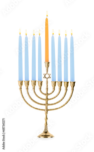 Menorah with burning candles isolated on white. Hanukkah symbol