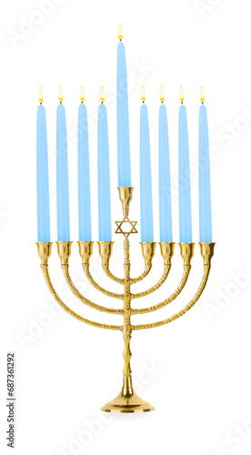 Menorah with burning candles isolated on white. Hanukkah symbol