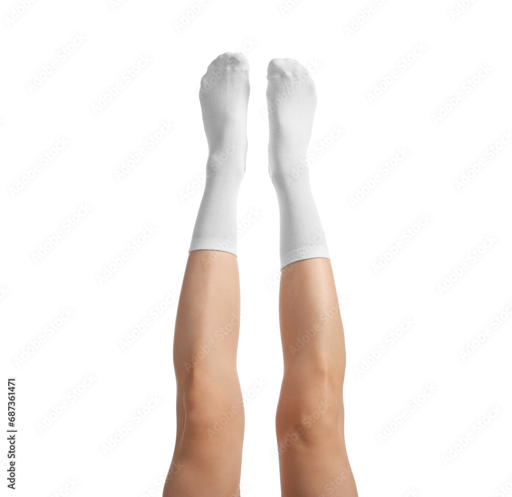 Woman in stylish socks on white background, closeup Woman in stylish socks on white background, closeup