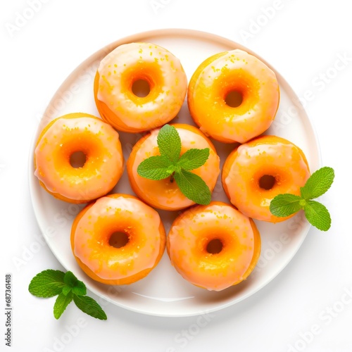 Orange donuts on white background, top view.