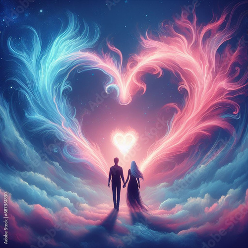Twin flame couple. Soulmates. The concept of magical, esoteric, tantric, spiritual love. Connection between souls. Illustration for websites and much more. Created using generative ai tools photo