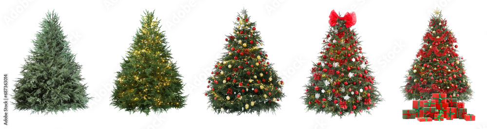 Christmas tree isolated on white, step-by-step decorating Christmas tree isolated on white, step-by-step decorating