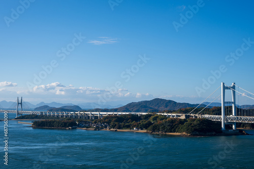 日本の岡山県倉敷市の鷲羽山から見た瀬戸大橋