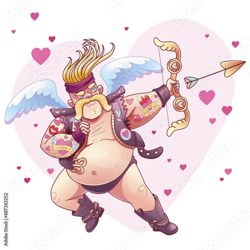 Funny and creative Cupid. Biker Cupid. Vector illustration.