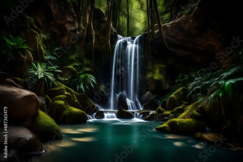 A secluded waterfall hidden within a lush canyon, its cascading waters creating an oasis of serenity amid untouched wilderness.  © Ibrar Artist