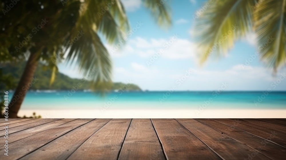 Dark wood floor top on blur tropical beach background, Advertisement, Print media, Illustration, Banner, for website, copy space, for word, template, presentation. Dark wood floor top on blur tropical beach background, Advertisement, Print media, Illustration, Banner, for website, copy space, for word, template, presentation.