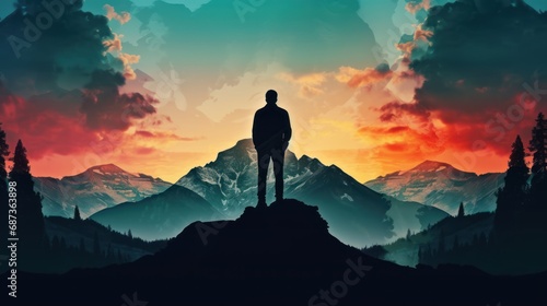 double exposure silhouette photography business male stand and feel happy on the most hight on the mountain, hiking, success, cliff. photo
