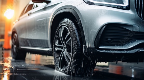 Front view of a gray car headlight, a wheel covered with water, washing foam and soap. The hood and bumper are in foam. Concept self-service car wash, professional car care and commercial cleaning © Faisal Ai