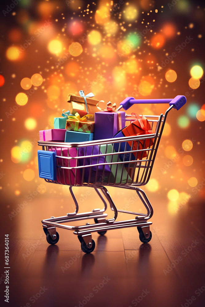 Shopping cart with gift boxes, blurred bright background with lights, Christmas concept