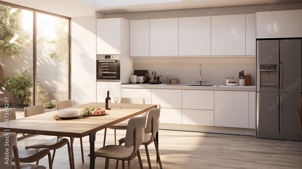 Contemporary Fusion: Anglocore Kitchen and Dining Area with Artistic Realistic Human Form Rendering.