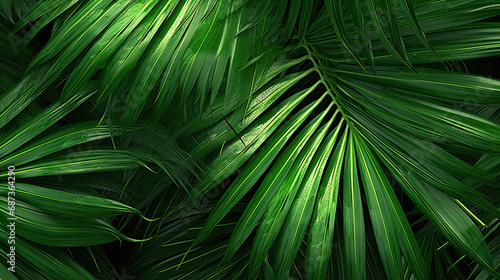 Tropical green palm leaves with fresh raindrops, vibrant nature background, high detail and texture, ideal for botanical themes and natural wallpapers. AI Generative