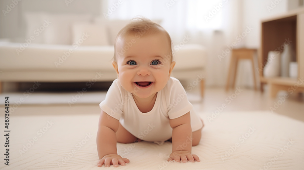 portrait of European baby girl and boy, 6 months old, smiling, while sitting on the floor in a modern house portrait of European baby girl and boy, 6 months old, smiling, while sitting on the floor in a modern house