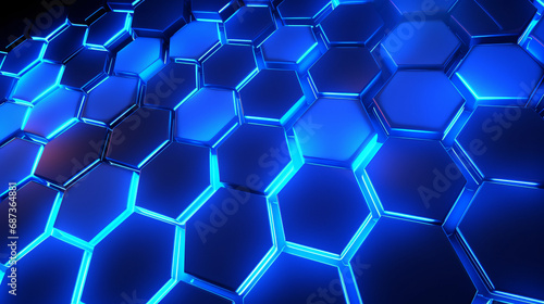 smooth flat Hexagonal blue pattern, blue background texture, neon glowing light between hexagons, 3d illustration, 3d rendering