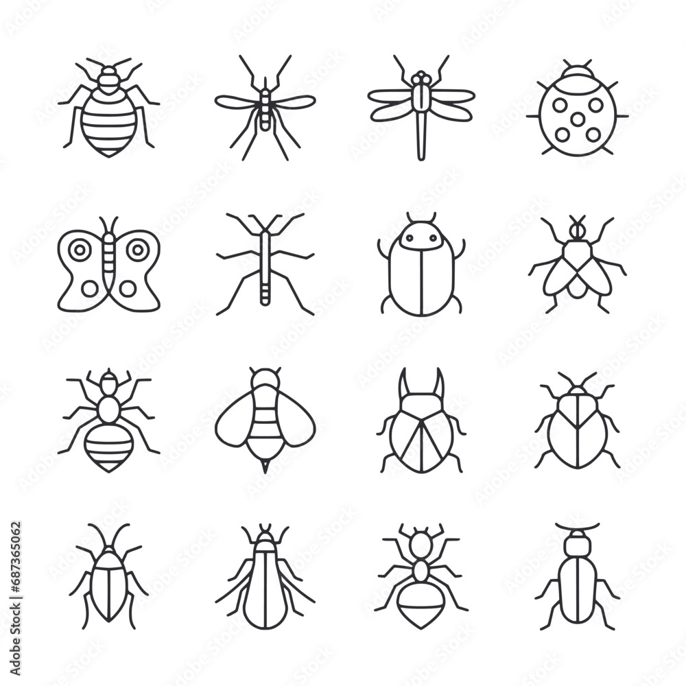 Set of Insect and bug icon for web app simple line design
