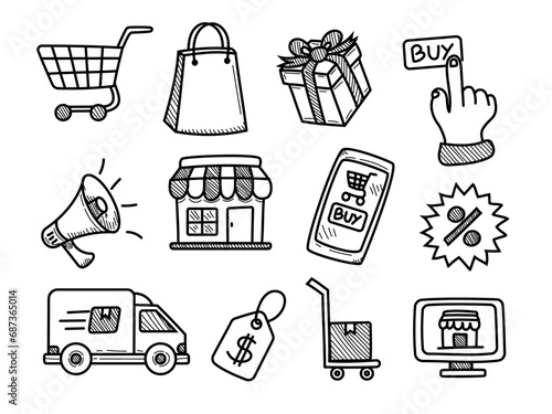 Set of e-commerce doodle illustrations on a white background. Hand-drawn e-commerce elements