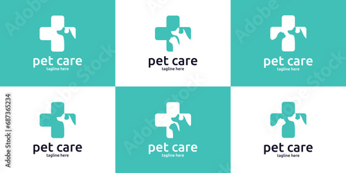logo design combination of plus shapes with pets, pet care, health.