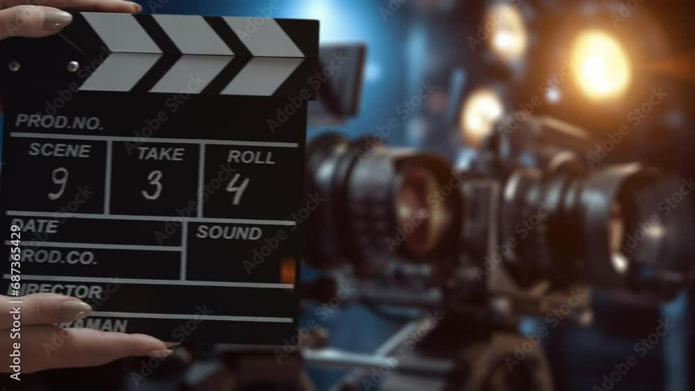 Human hands are using a clapperboard on set. Beginning of scene in film or TV television production. Concept of cinematography movie or video crew. Stage and filmmaking equipment background