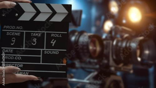 Human hands are using a clapperboard on set. Beginning of scene in film or TV television production. Concept of cinematography movie or video crew. Stage and filmmaking equipment background photo