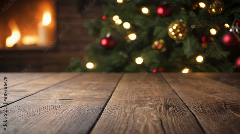 Festive Holiday Stock Photo: Rustic Empty Wooden Table with Christmas Decorations