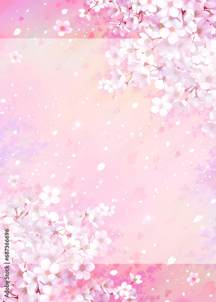 桜の背景素材　枠　桜吹雪　和風　お花見　入学　卒業　入園　卒園　入社　ひな祭り　雛祭り　縦長