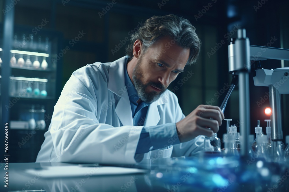 A scientist researching in the lab with a microscope A scientist researching in the lab with a microscope