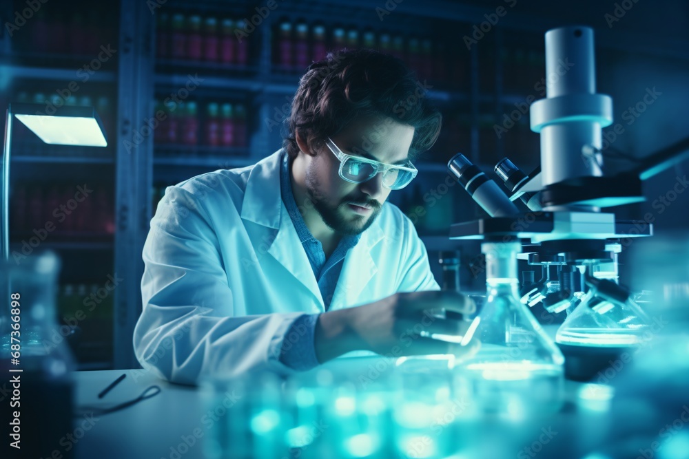 A scientist researching in the lab with a microscope A scientist researching in the lab with a microscope