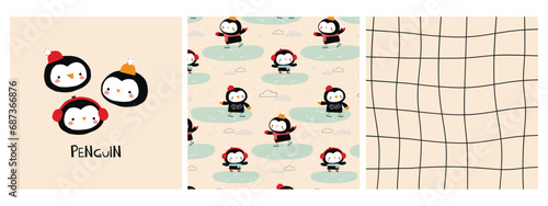 Cute print with Pinguin Heads, a set of patterns with pinguins on ice and an abstract plaid pattern. Funny winter party background and card. Perfect for fabric, textiles and wrapping paper.