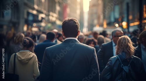 busy city street filled with people in business attire during rush hour