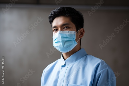Covid-19 Situation in Business Concept. Businessman with Surgical Mask standing in the City. Protected and Care of Health. Stressed out due to Corona Virus. Looking at Camera