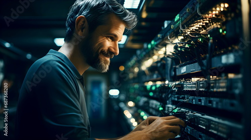The computer technician smiled and held a cable behind the server. An experienced computer technician will be able to face the issue without any problems. You should choose someone who is trustworthy.