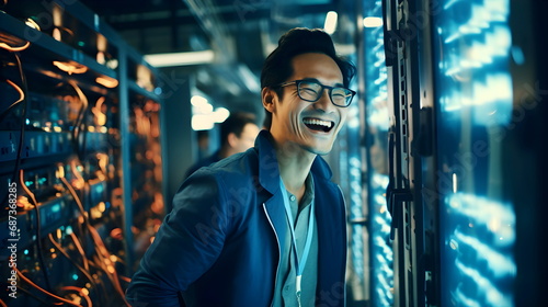 A computer technician laughing in a server room. An experienced computer technician will be able to face the problem without any problems. while others cannot solve the problem. So he saw it as fun. photo