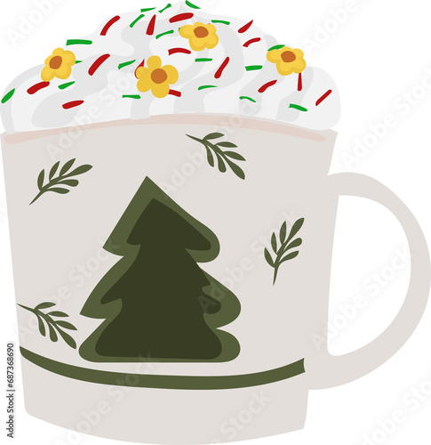 Christmas mug with drink illustration on transparent background.
